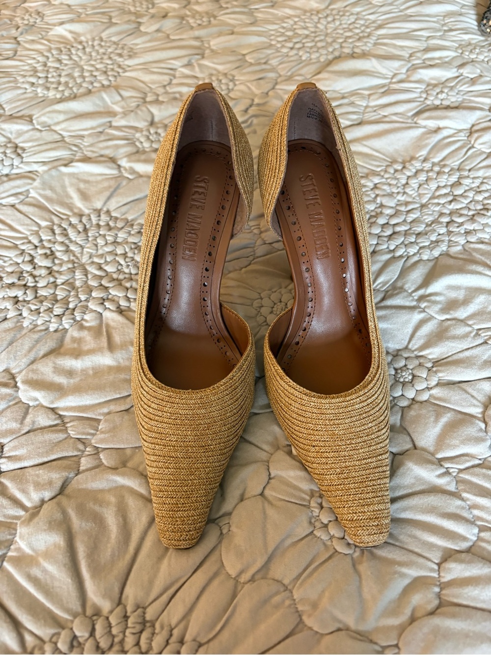 Steve Madden Women's Tan Woven Pointed-Toe Pumps - Raffia Half d’Orsay Pumps